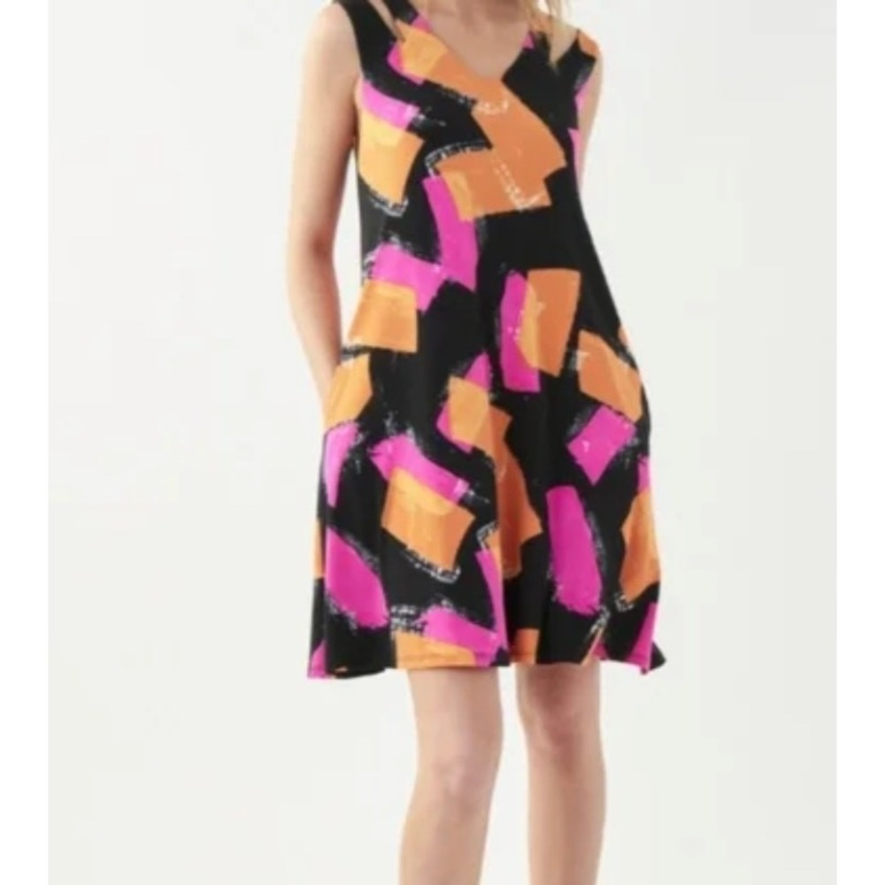Joseph Ribkoff Dress Womens 2 Black Pink Orange Abstract Brushstroke 221051